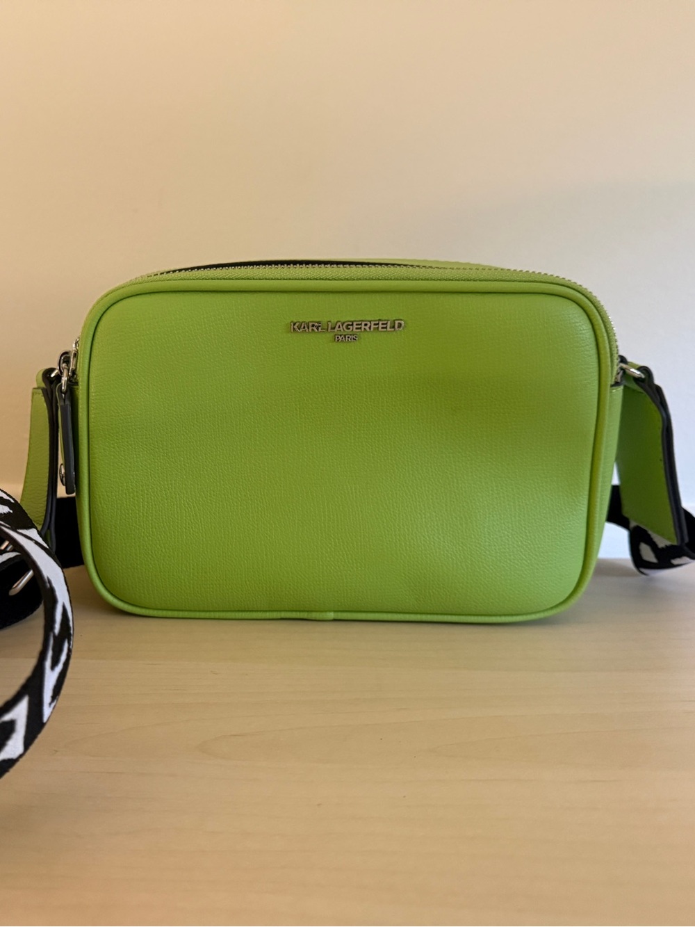 KARL LAGERFELD Lime Green Crossbody Camera Bag with Patterned Strap NWOT